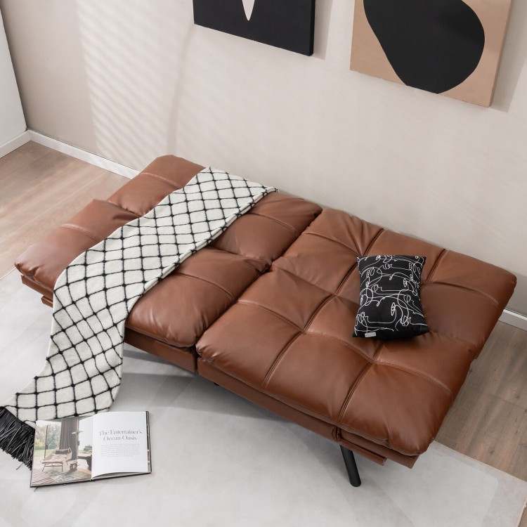 Convertible brown memory foam futon sofa bed with adjustable armrest and backrest, ideal for small spaces.